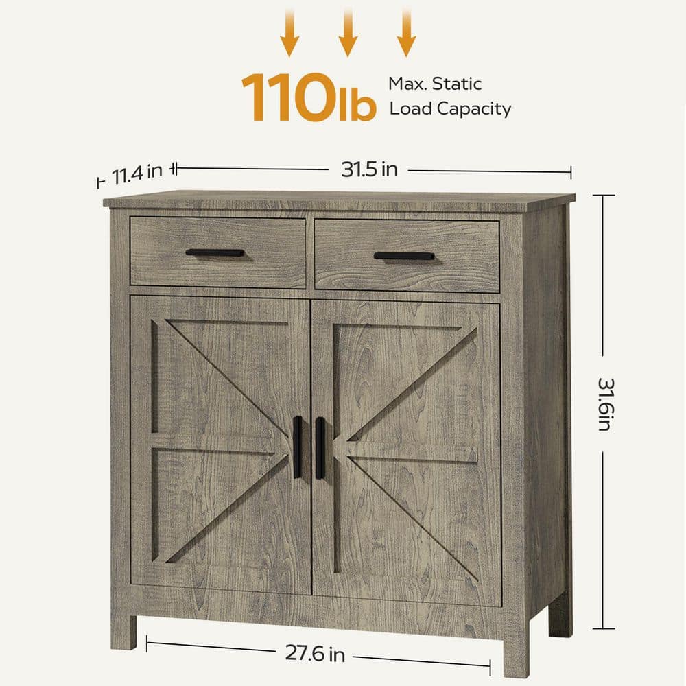 31.5 in. W Pantry Organizer Farmhouse Kitchen Storage Cabinet in Gray with 2-Drawers and Doors - Hercitys