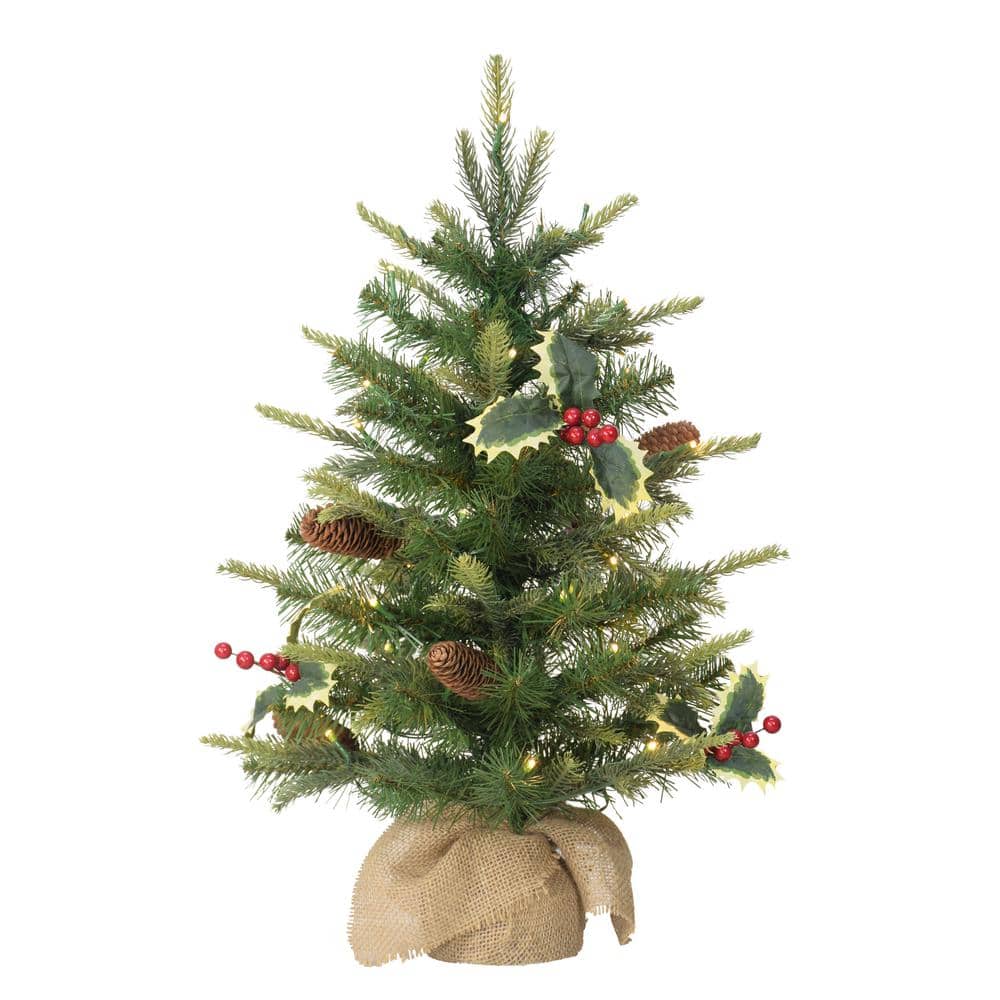 2 ft. Green Prelit Table Top Artificial Christmas Tree in Tan Sac with Pinecones, Red Berries, and Holly - Hercitys