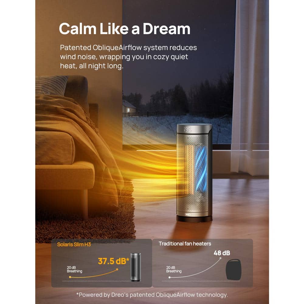 1500-Watt Solaris Plus PTC Heating Oscillating 15 in. Tower Space Heater with Remote Silver - Hercitys