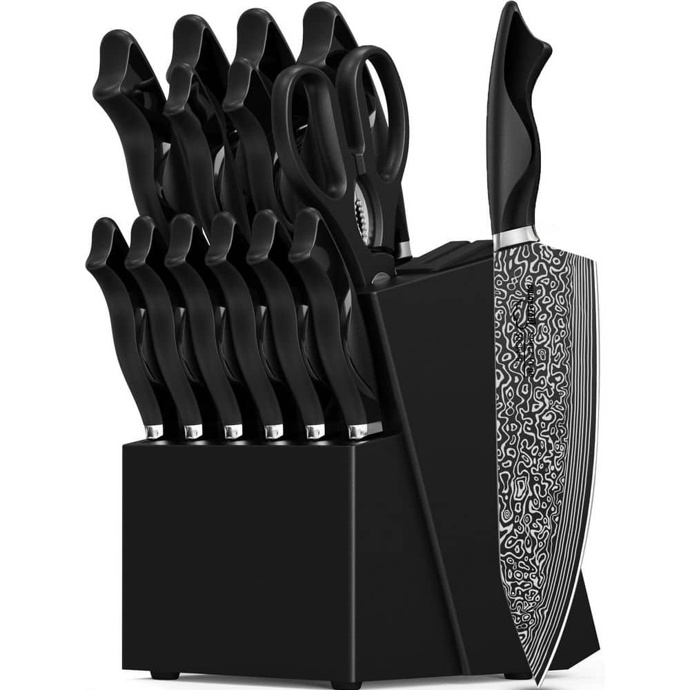 15-Piece German High Carbon Stainless Steel Knife Block Set in Silver with Build-in Knife Shapener, Dishwasher Safe - Hercitys