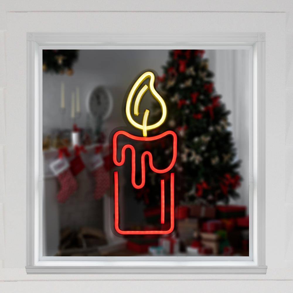 12 in. Red LED Lighted Neon Style Red Candle Christmas Window Silhouette - Hercitys