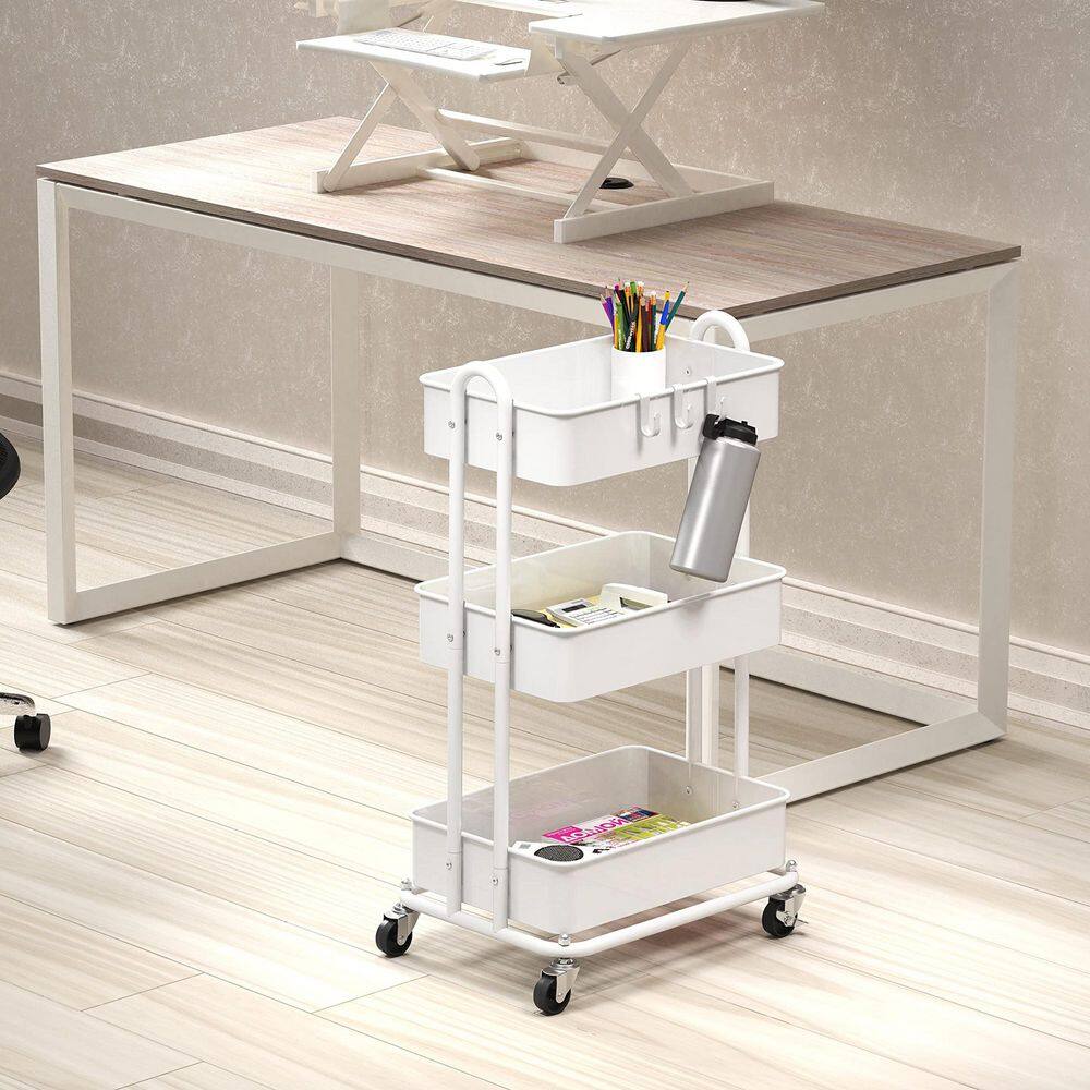 3-Tier Metal -Wheeled Utility Cart in White - Hercitys
