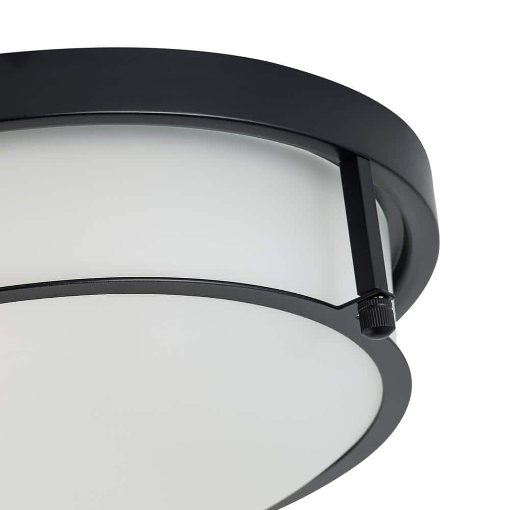 13 in. 2-Light Industrial Black Flush Mount Farmhouse Close to Ceiling Light Fixture with White Glass Shade - Hercitys