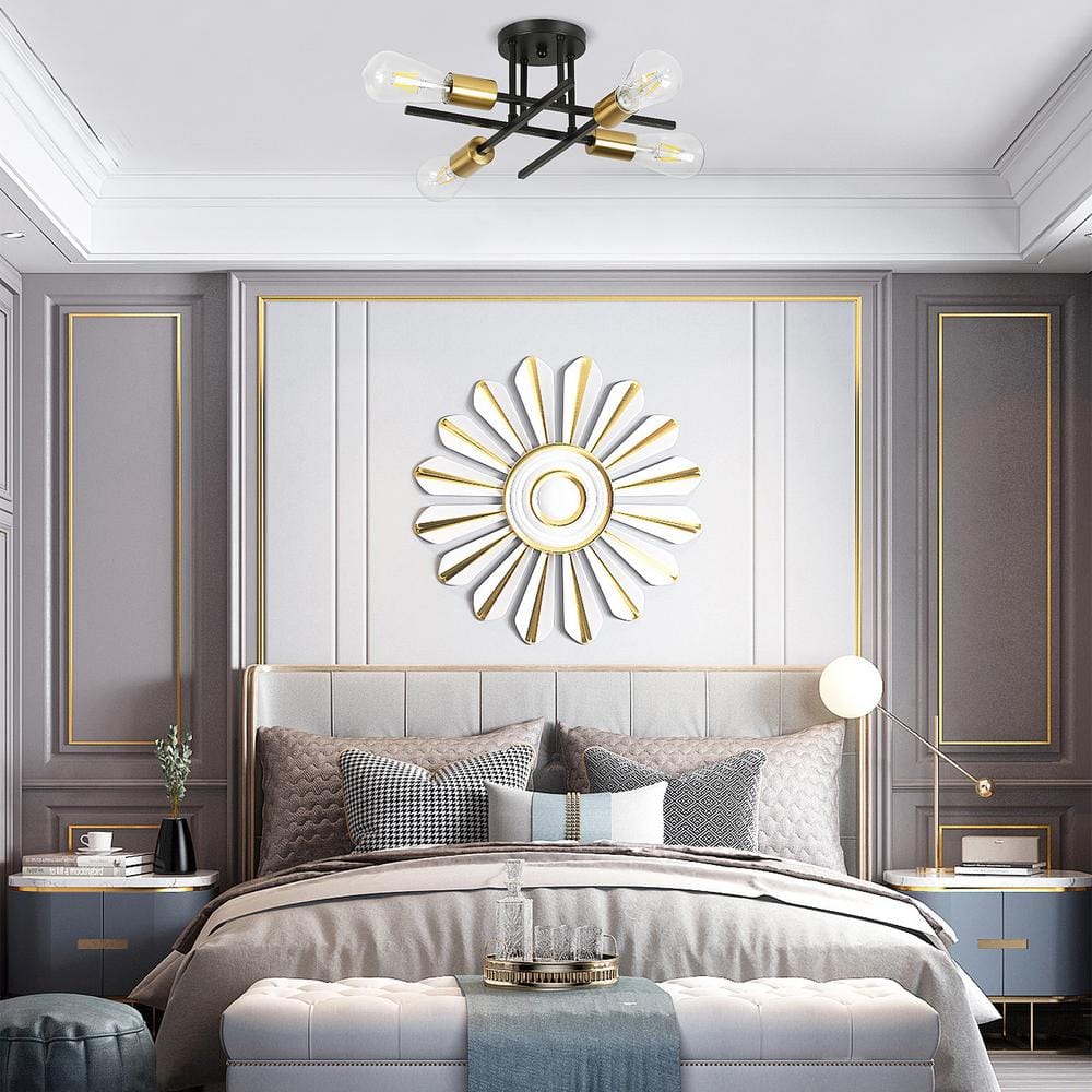 14 in. 4-Light Modern Sputnik Linear Black Metal Industrial Farmhouse Semi- Flush Mount Ceiling Lights Chandelier Light - Hercitys