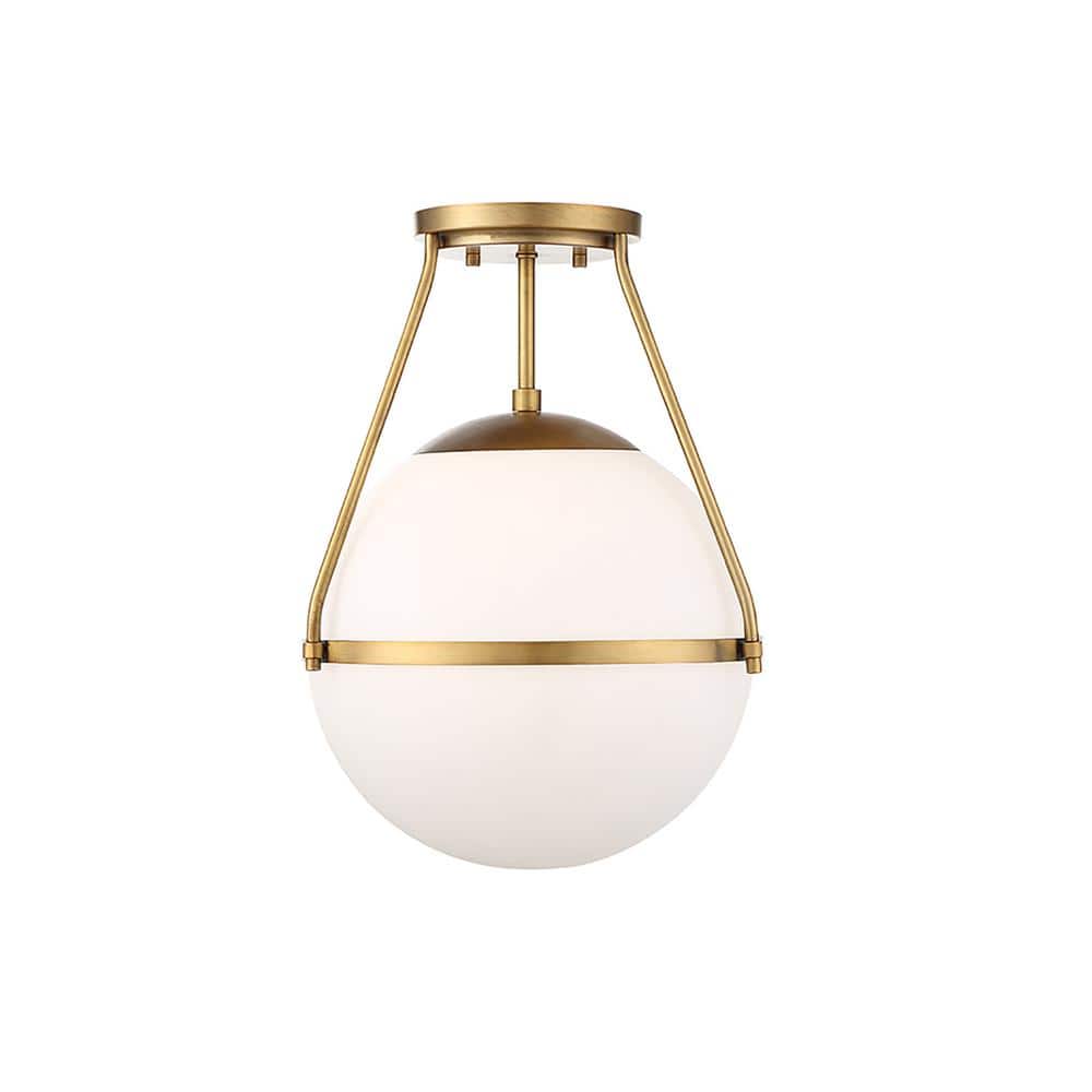 13 in. W x 17.25 in. H 1-Light Natural Brass Semi-Flush Mount Ceiling Light with Opal Glass Shade - Hercitys