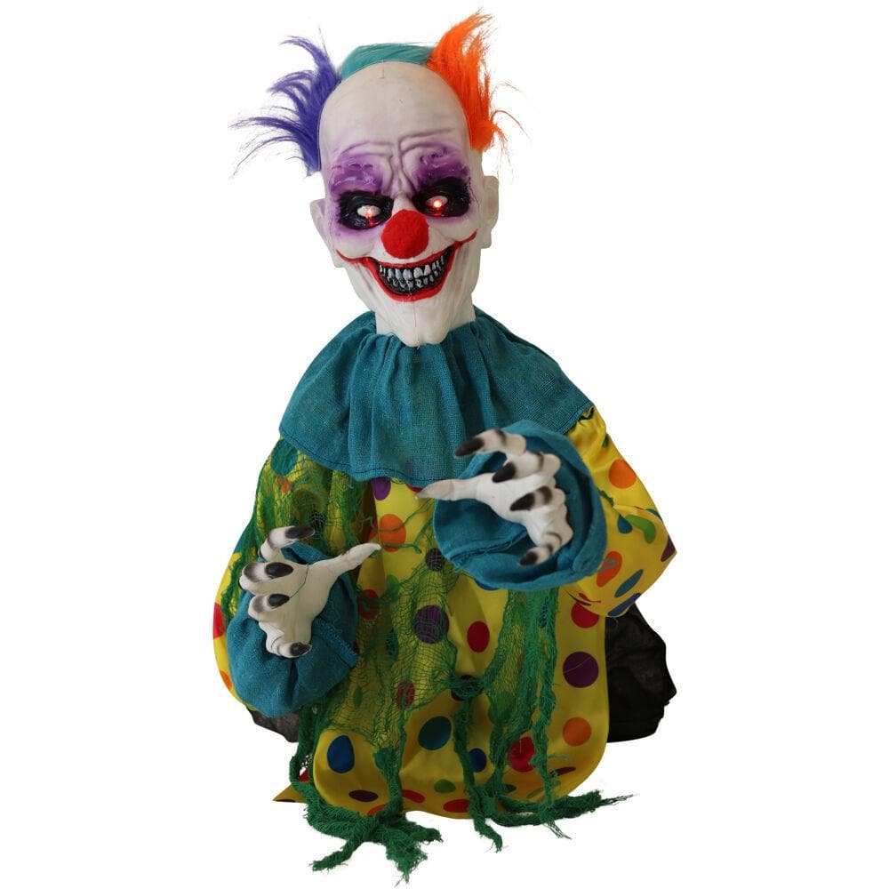 24 in. Battery Operated Animated Poseable Clown with LED Eyes Halloween Prop - Hercitys