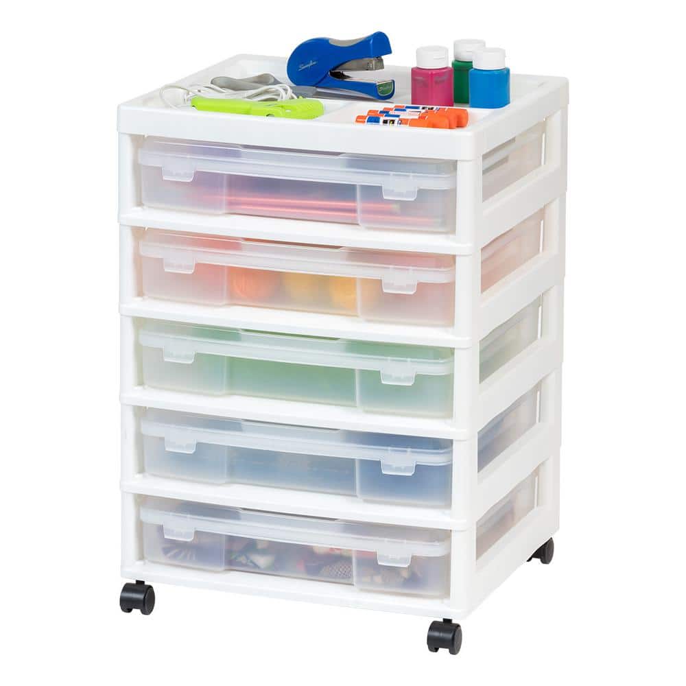 5 Drawers Plastic Scrapbook Rolling Storage Cart with Organizer Top and Casters, White - Hercitys