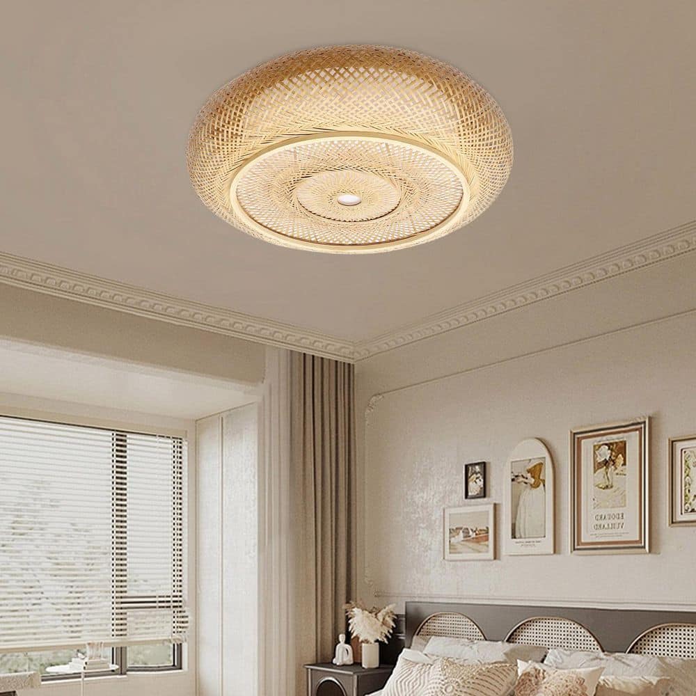 23.6 in. 3-Light Yellow Rural Round Semi-Flush Mount Ceiling Light with Rattan Shade and No Bulbs Included - Hercitys