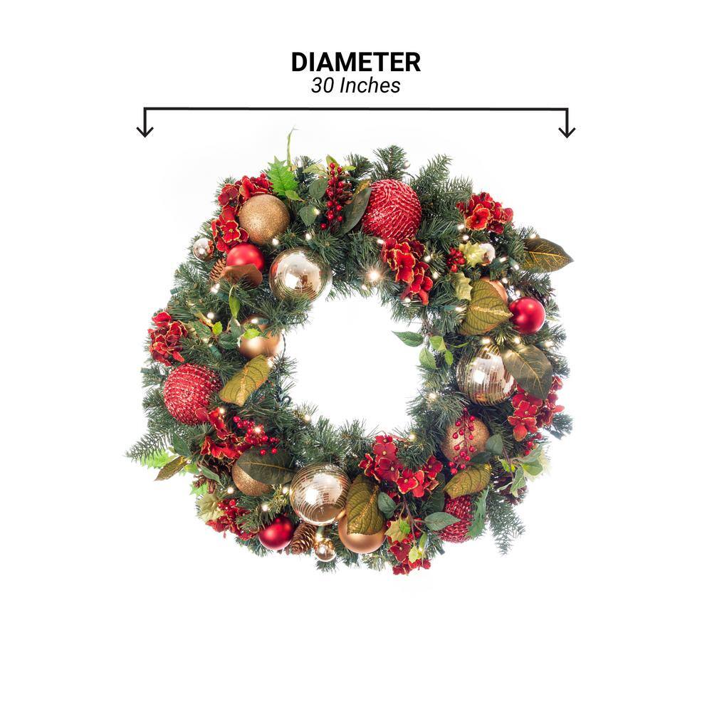 30 in. Artificial Pre-Lit LED Scarlet Hydrangea Wreath - Hercitys