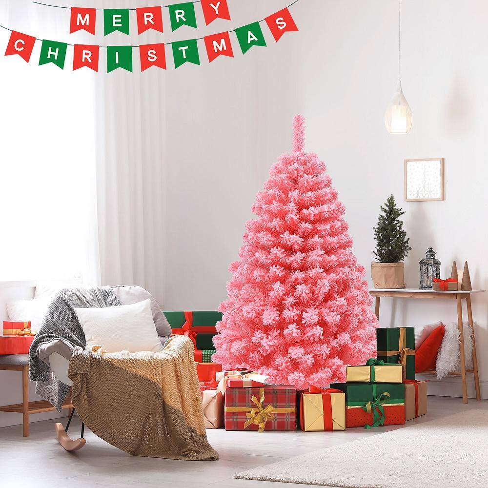 4.5 ft. Snow Flocked Hinged Artificial Christmas Tree with Metal Stand Pink - Hercitys