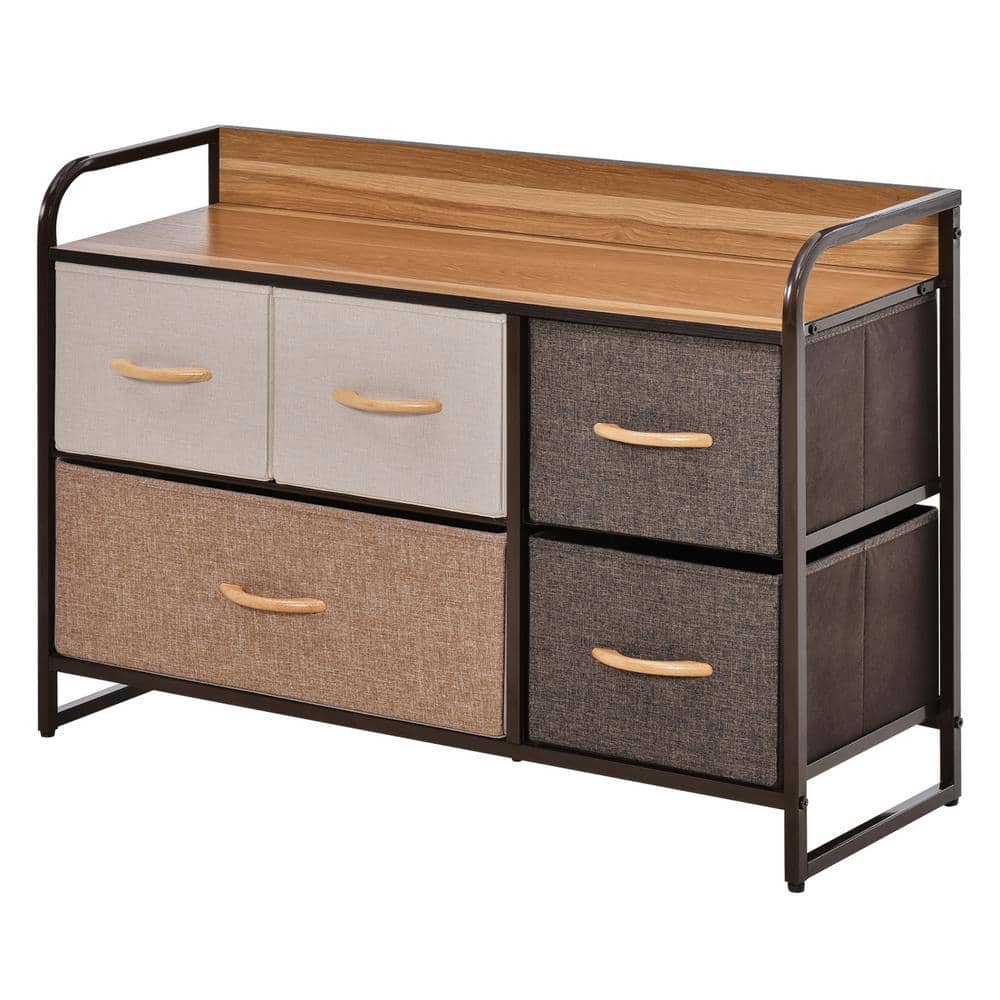 34.5 in. x 11.5 in. x 22.75 in. 5-Drawer Dresser, Fabric Chest of Drawers, 2-Tier Storage Organizer for Bedroom, Brown - Hercitys