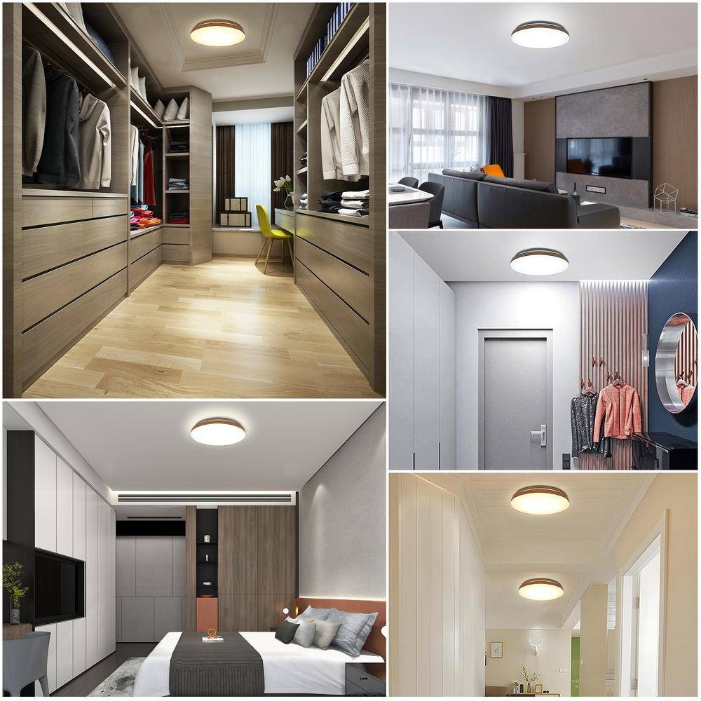 13.2 in. Round White with Faux Wood-Grain Trim Adjustable CCT 3000K/4000K/5000K Dimmable Flush Mount Light Fixture - Hercitys