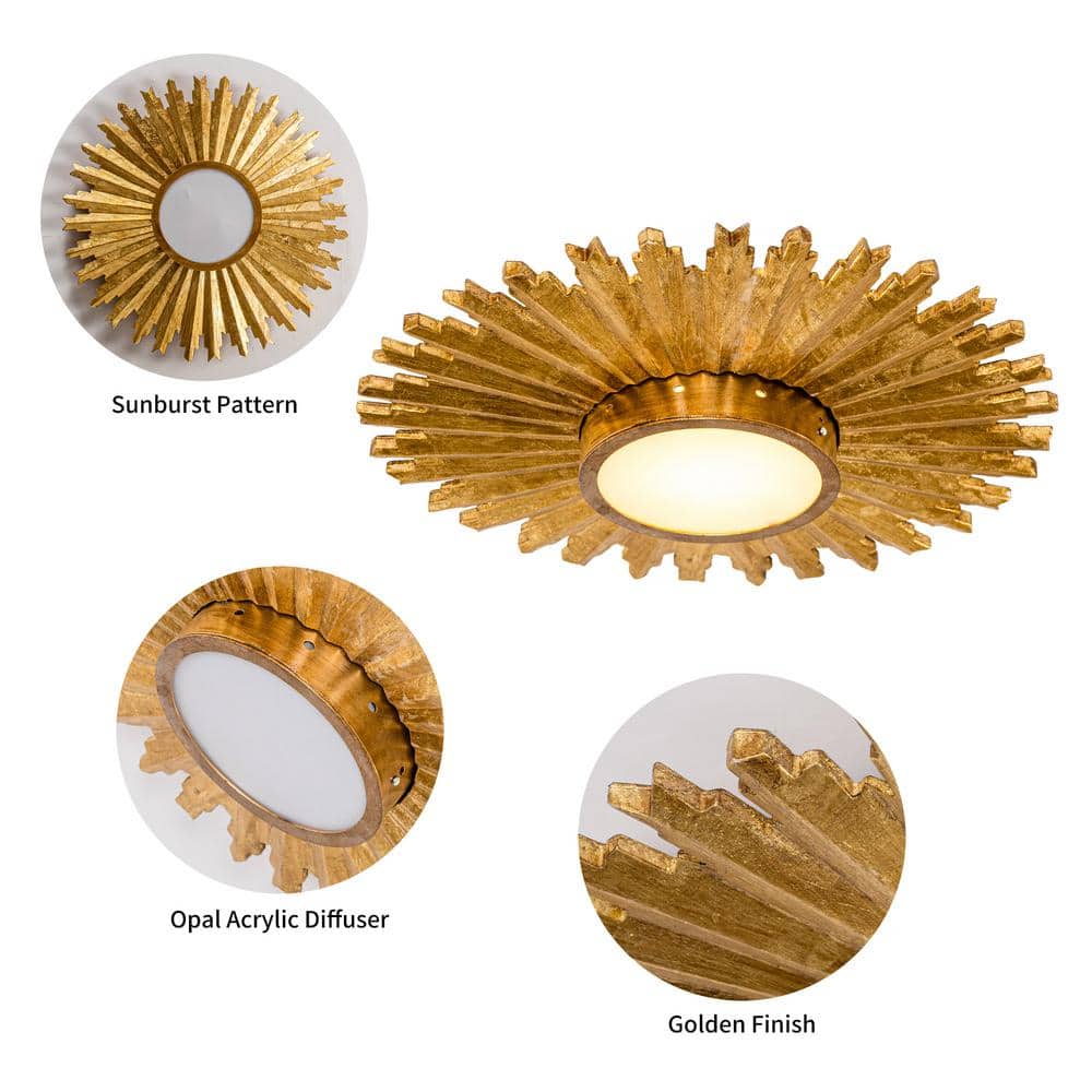 21.65 in. 16-Watt Integrated LED Gilt Wood Sunburst Flush Mount Ceiling Light Fixture - Hercitys