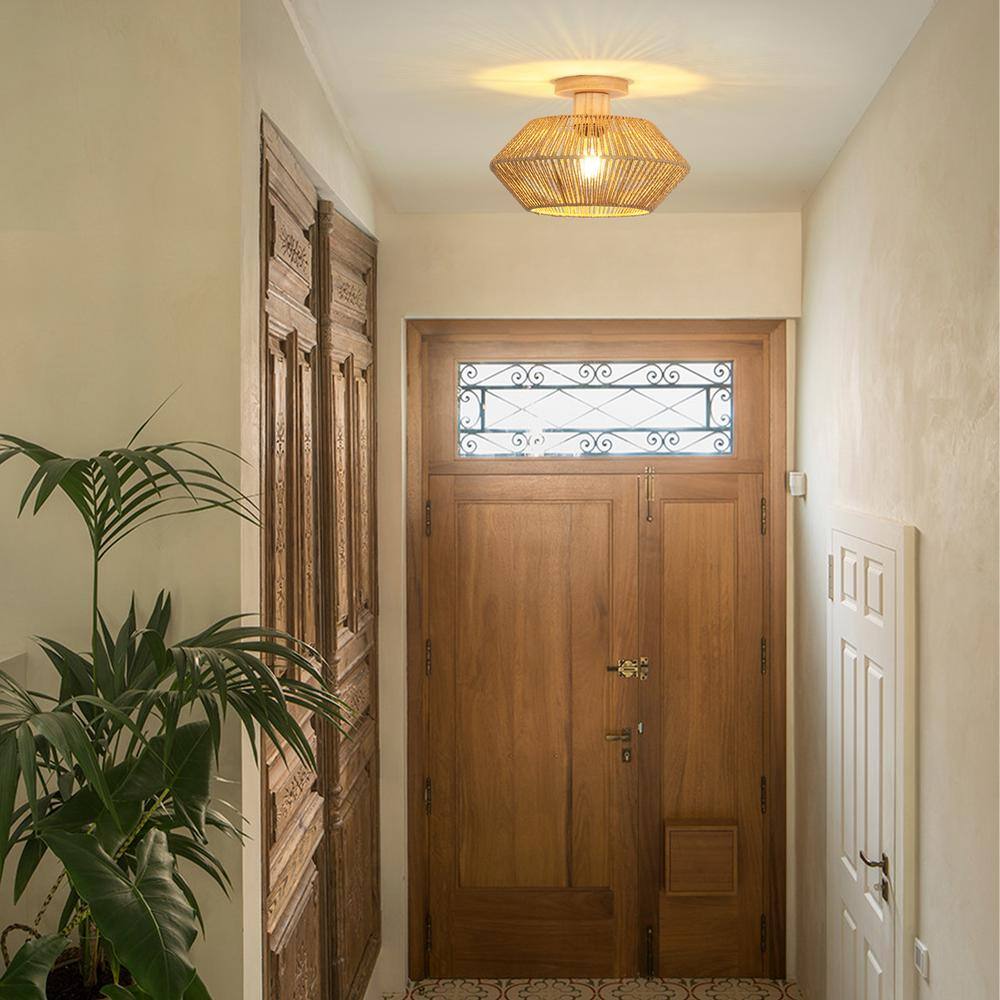 12.6 in. 1-Light Rustic Brown Wooden Semi-Flush Mount Light with Imitation Hemp Rope Shade and No Bulbs Included - Hercitys