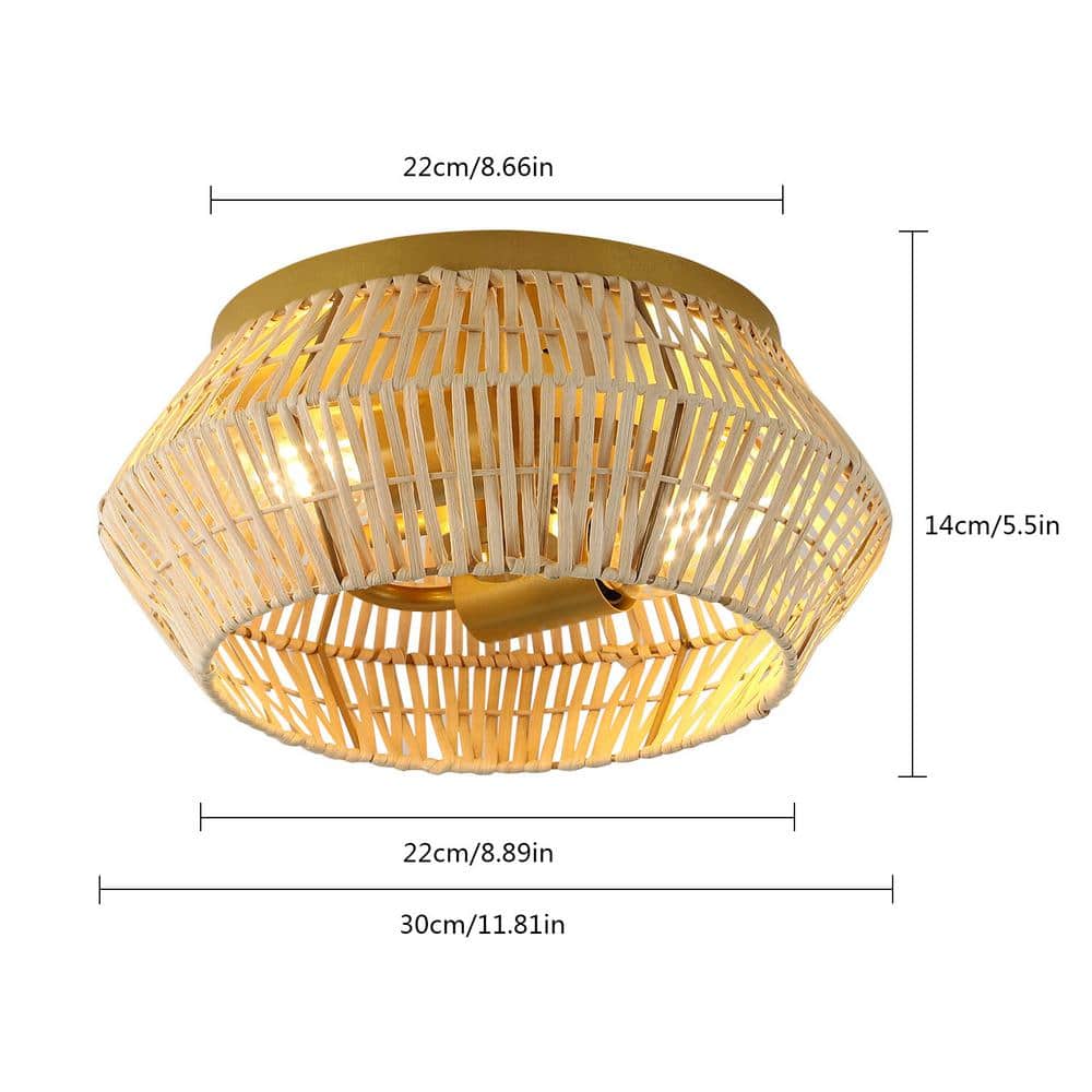 11.81 in. 2-Light Gold Farmhouse Woven Rattan Flush Mount Ceiling Light, No Bulbs Included - Hercitys