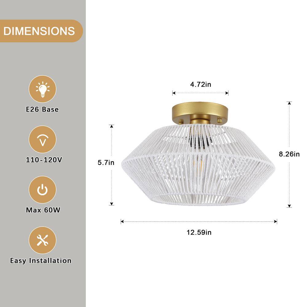 12.59 in. 1-Light Gold and White Metal Semi-Flush Mount Light with Imitation Hemp Rope Shade and No Bulbs Included - Hercitys