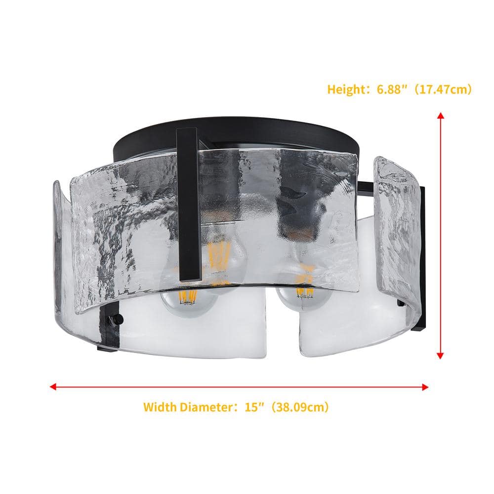 14.17 in. 3-Light Industrial Black Flush Mount Modern Ceiling Lighting Fixture with Water Glass Shade - Hercitys