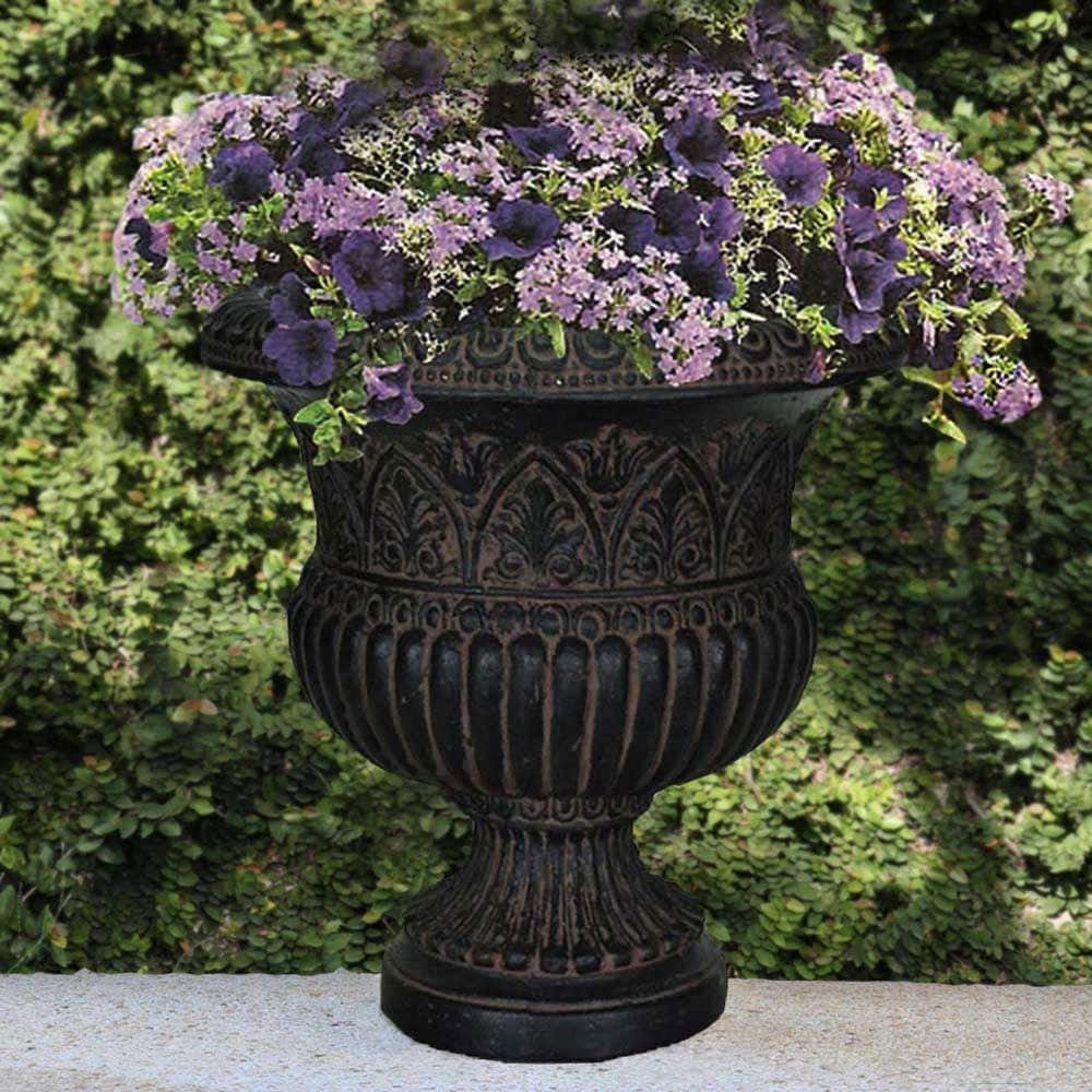17-1/4 in. x 18 in. Cast Stone Faux Iron Urn in Aged Charcoal - Hercitys