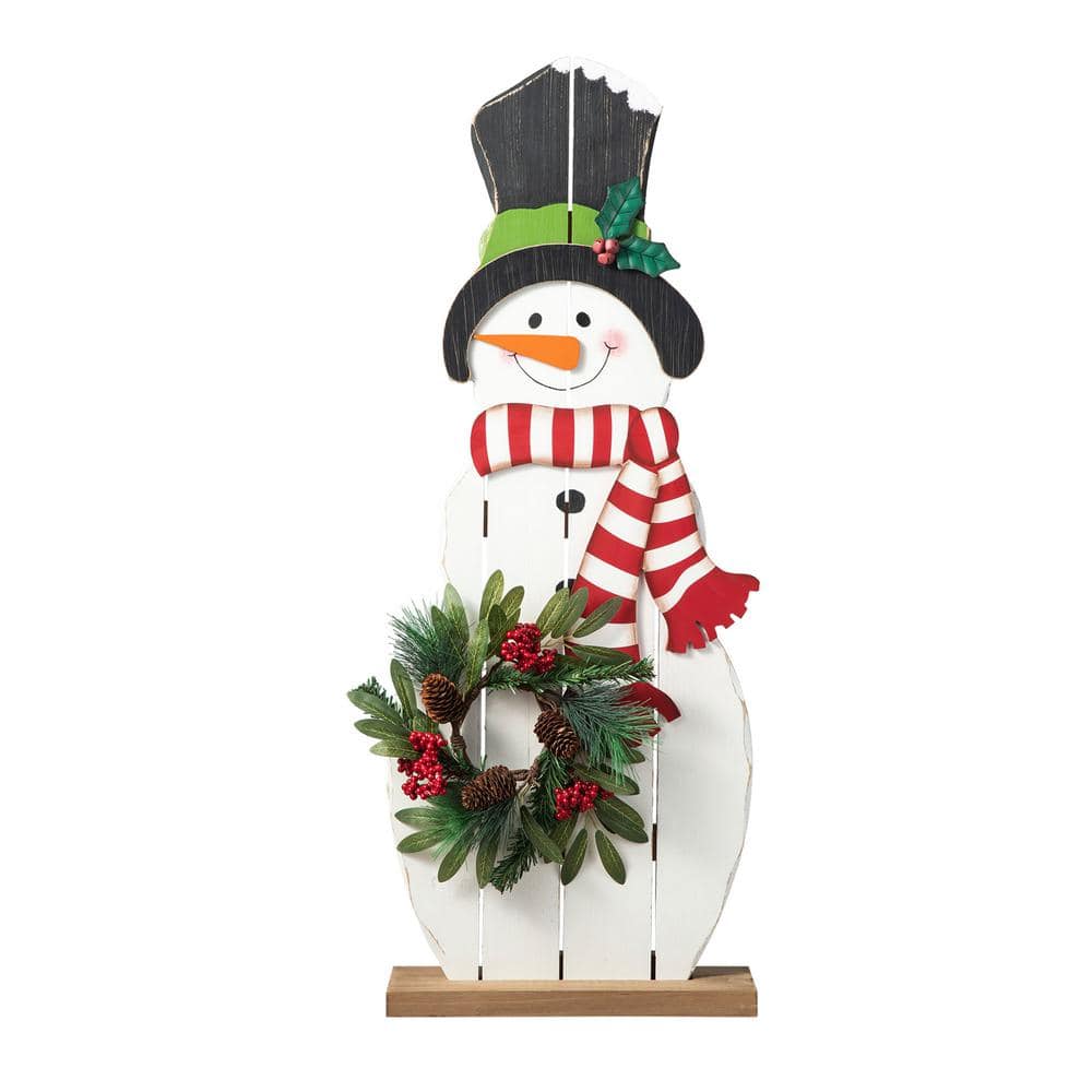 36 in. H Christmas Wooden/Metal Snowman Porch Decor with Floral Wreath (KD) - Hercitys