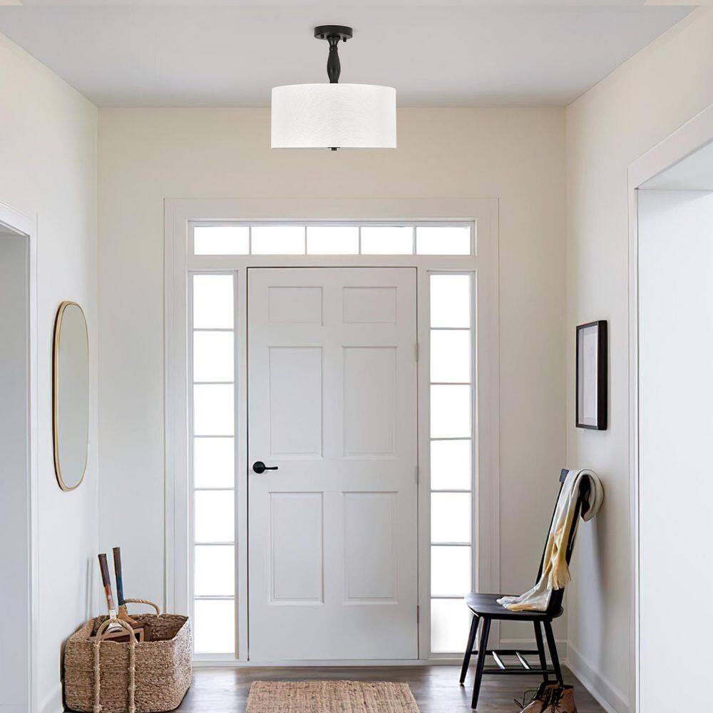 15 in. 3-Light Black Drum Dimmable Semi-Flush Mount Ceiling Light with White Fabric Shade and No Bulbs Include - Hercitys
