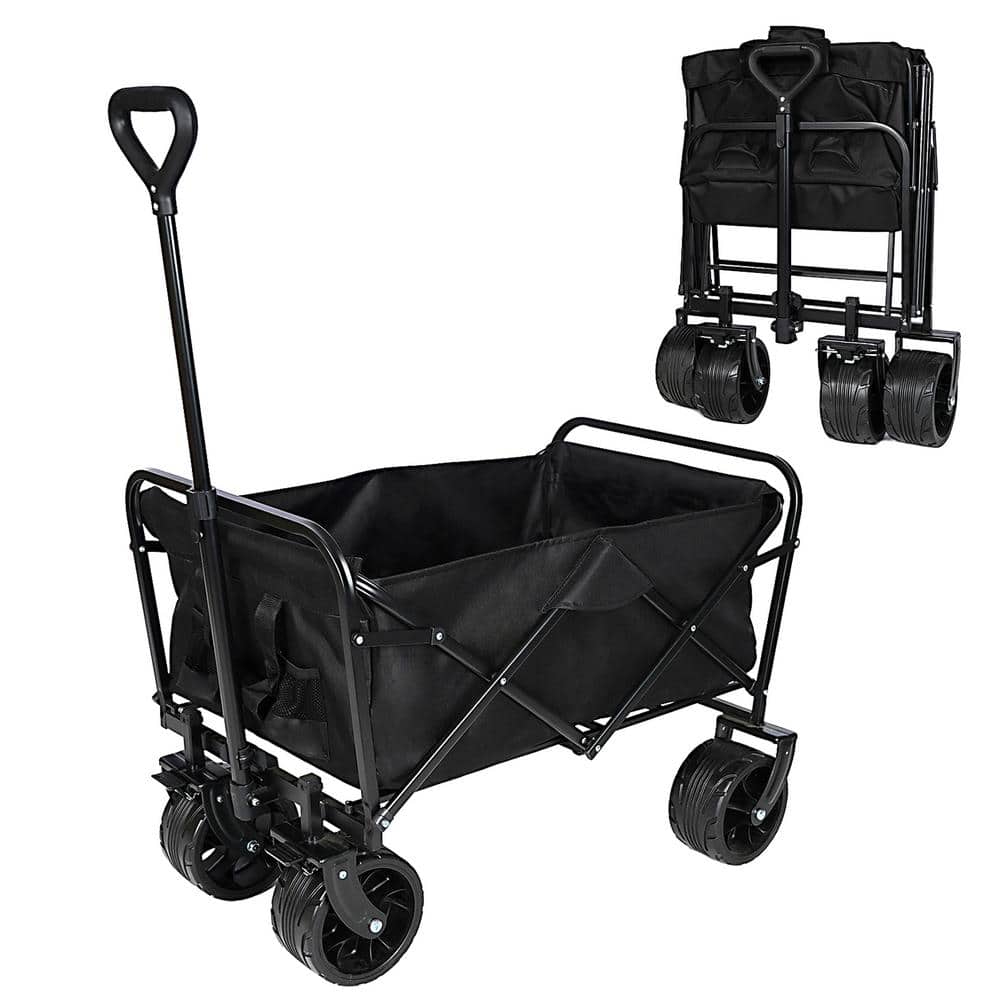 4 cu. ft. Fabric Garden Cart, Collapsible Folding Beach Wagon Cart with Big Wheels for Sand, Garden, Camping, Black - Hercitys
