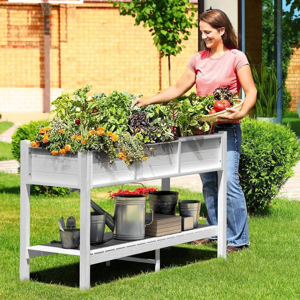 46 in. x 17 in. x 28 in. Outdoor White Plastic Wood Raised Garden Bed Planter Box with Shelf - Hercitys
