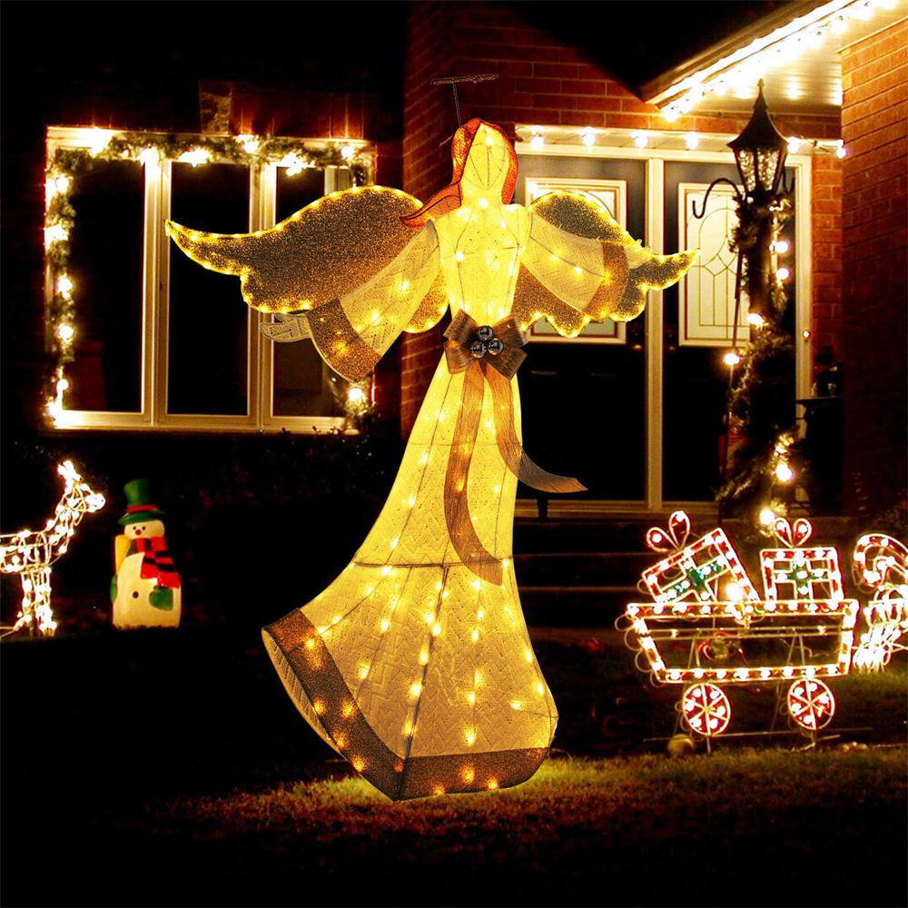 5.2 ft. White Fabric Christmas Lighted Angel with Halo & Bow Zip Ties and Ground Stakes 180 LED Lights - Hercitys