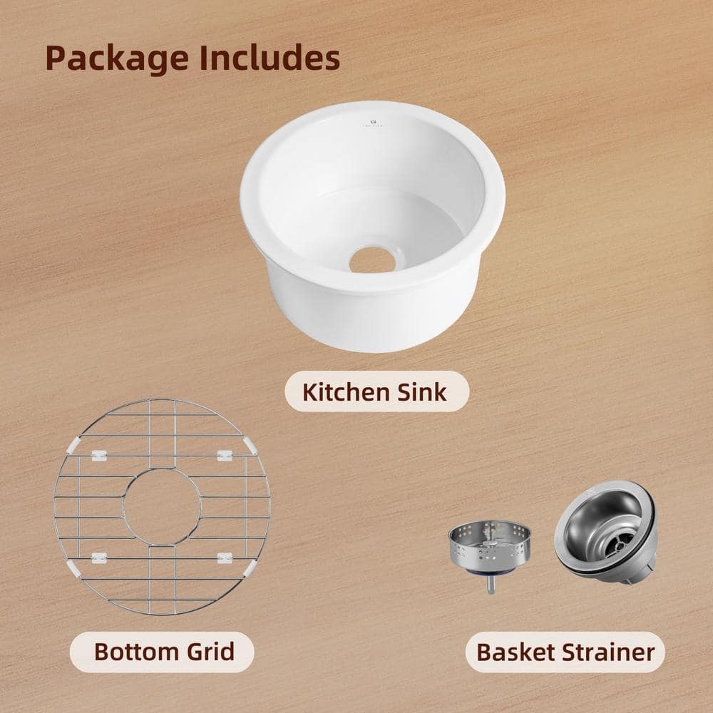 18 in. White Kitchen Sink Undermount, Compact Round Single Bowl Fireclay Basin, Includes Grid and Drain Strainer - Hercitys