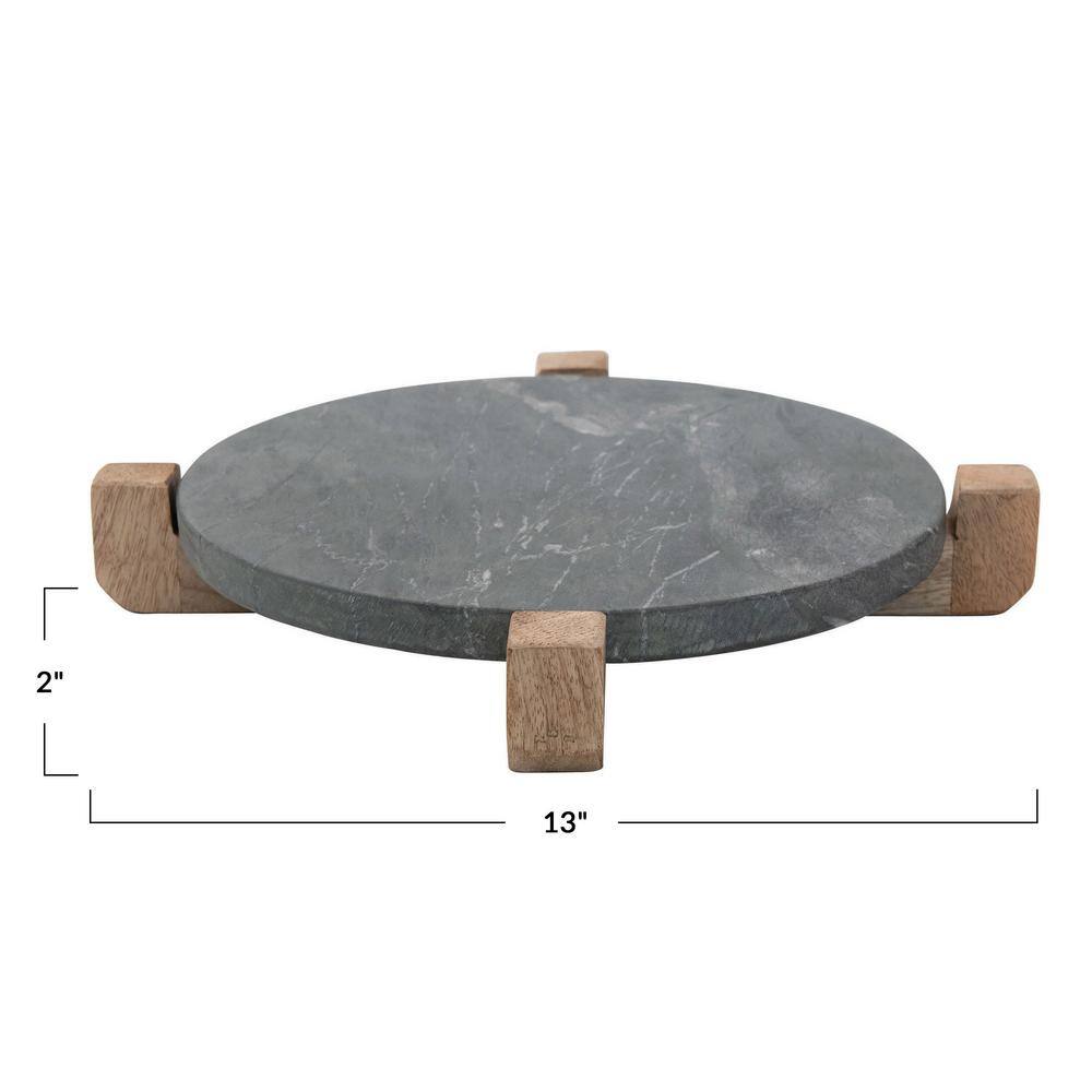 13 in. Gray Marble Platter with Mango Wood Stand - Hercitys