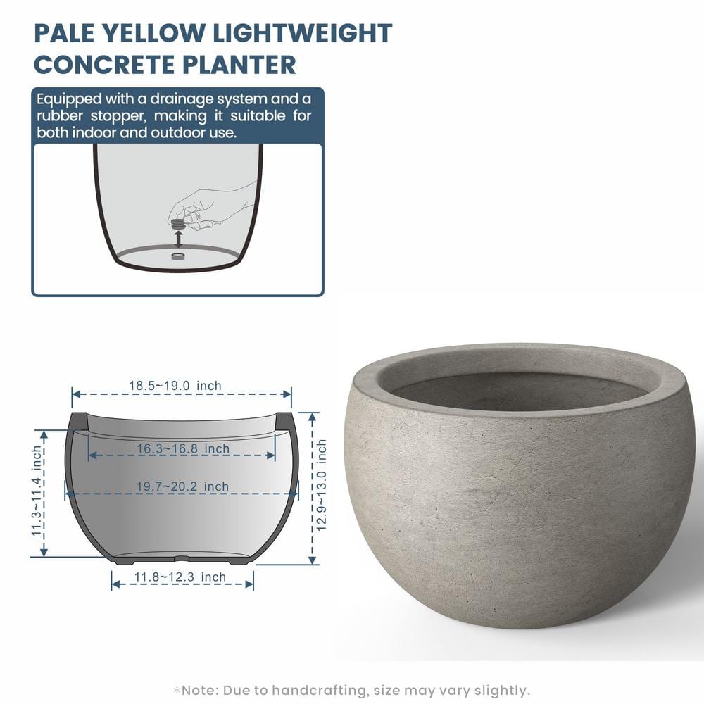 19 in. Large Light Gray Concrete Round  Planter / Pot with Drainage Holes - Hercitys