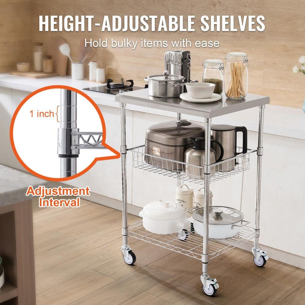3-Tier Utility Cart Rolling Cart Silver Metal Kitchen Cart with Locking Casters 24″x 20″x 36.6″ 470 lbs. 6 Hooks - Hercitys