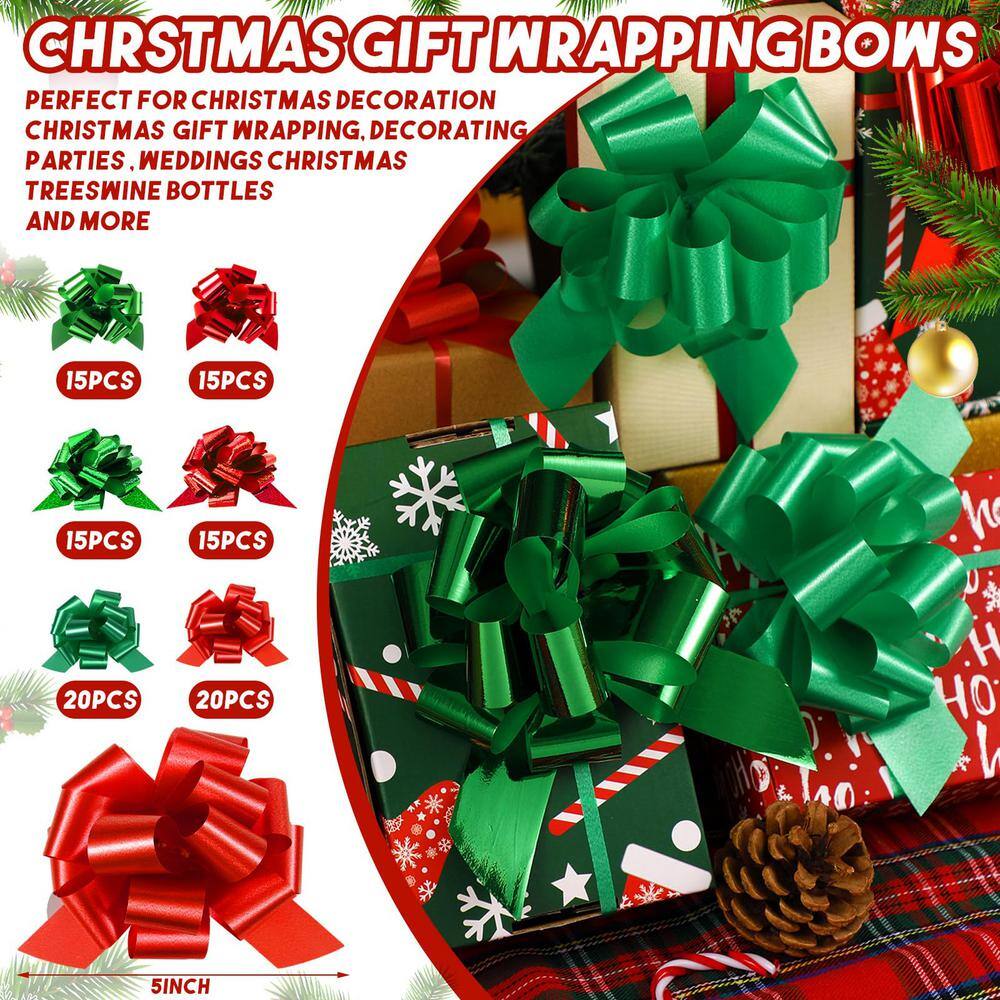 5 in. 100-Piece Christmas Wrap Pull Bows, Green Red Christmas Wrapping Bows for Holiday Baskets Box Decoration - Hercitys