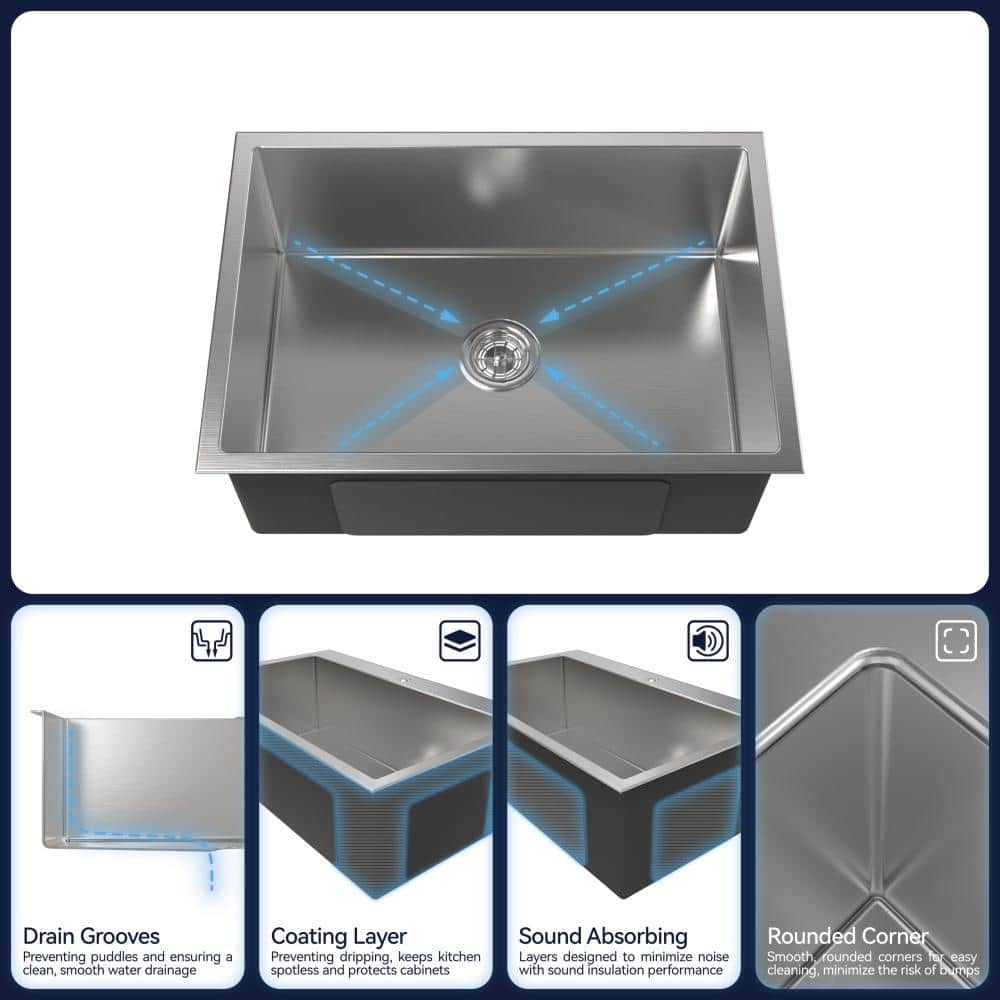27 in. Undermount Single Bowl 20-Gauge Stainless Steel Workstation Kitchen Sink with US Standard Drain and Hook - Hercitys