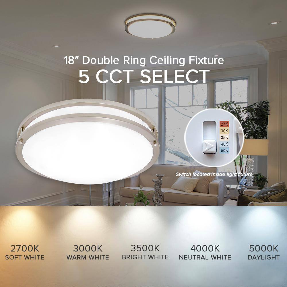 18 in. Satin Nickel Selectable LED Ceiling Flush Mount Fixture, 5 CCT 2700K-5000K, 2000 Lumens, Dimmable - Hercitys
