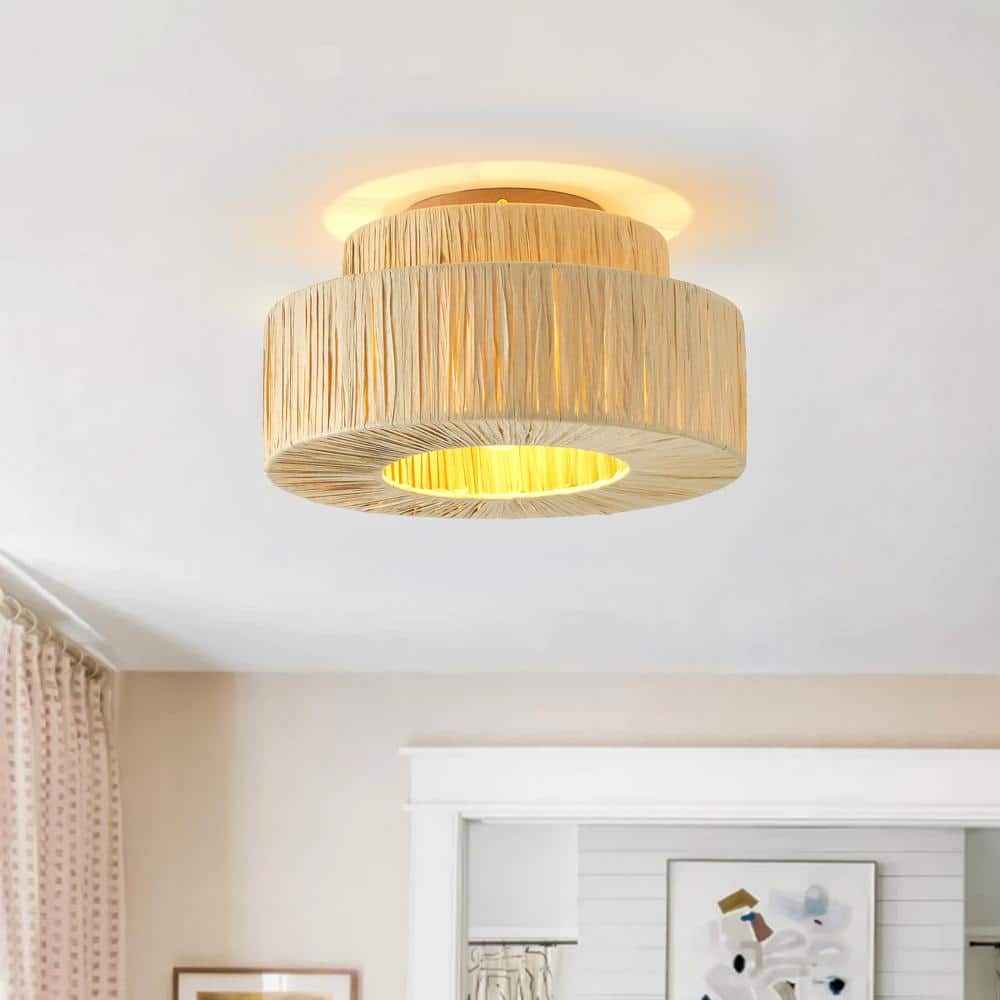 11.02 in. 1-Light Boho Hand Woven Semi-Flush Mount Farmhouse Island Close to Ceiling Light - Hercitys