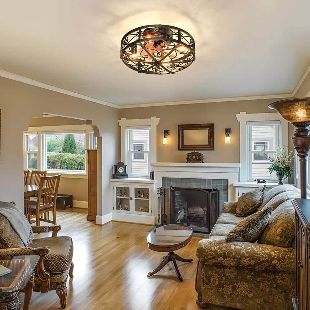 19.6 in. Indoor Black 4-Light Wood Industrial Metal Iron Cage Low Profile Flush Mount Ceiling Fan with Light and Remote - Hercitys