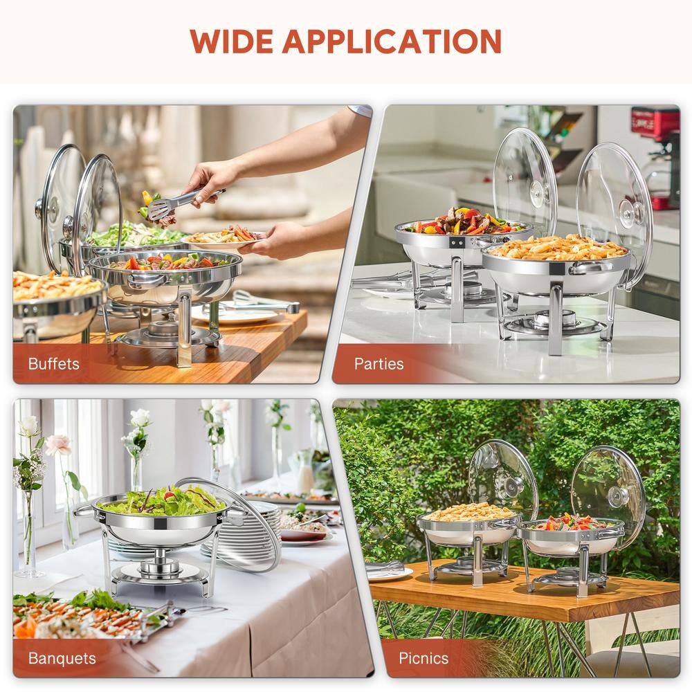 2-Pack 5 qt. Stainless Steel Round Chafing Dishes Buffet Set with Glass Lid Holder - Hercitys