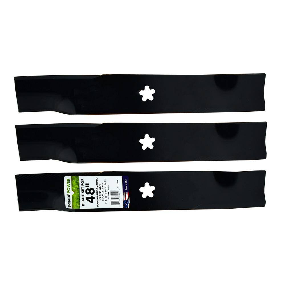 3 Blade Set for Many 48 in. Cut Craftsman, Husqvarna, Poulan Mowers Replaces OEM # 539-113425 - Hercitys