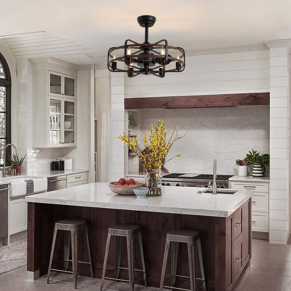 25 in. Farmhouse Indoor Vintage Caged Ceiling Fan with Lights and Remote Control, Black and Walnut Color Chandelier Fan - Hercitys