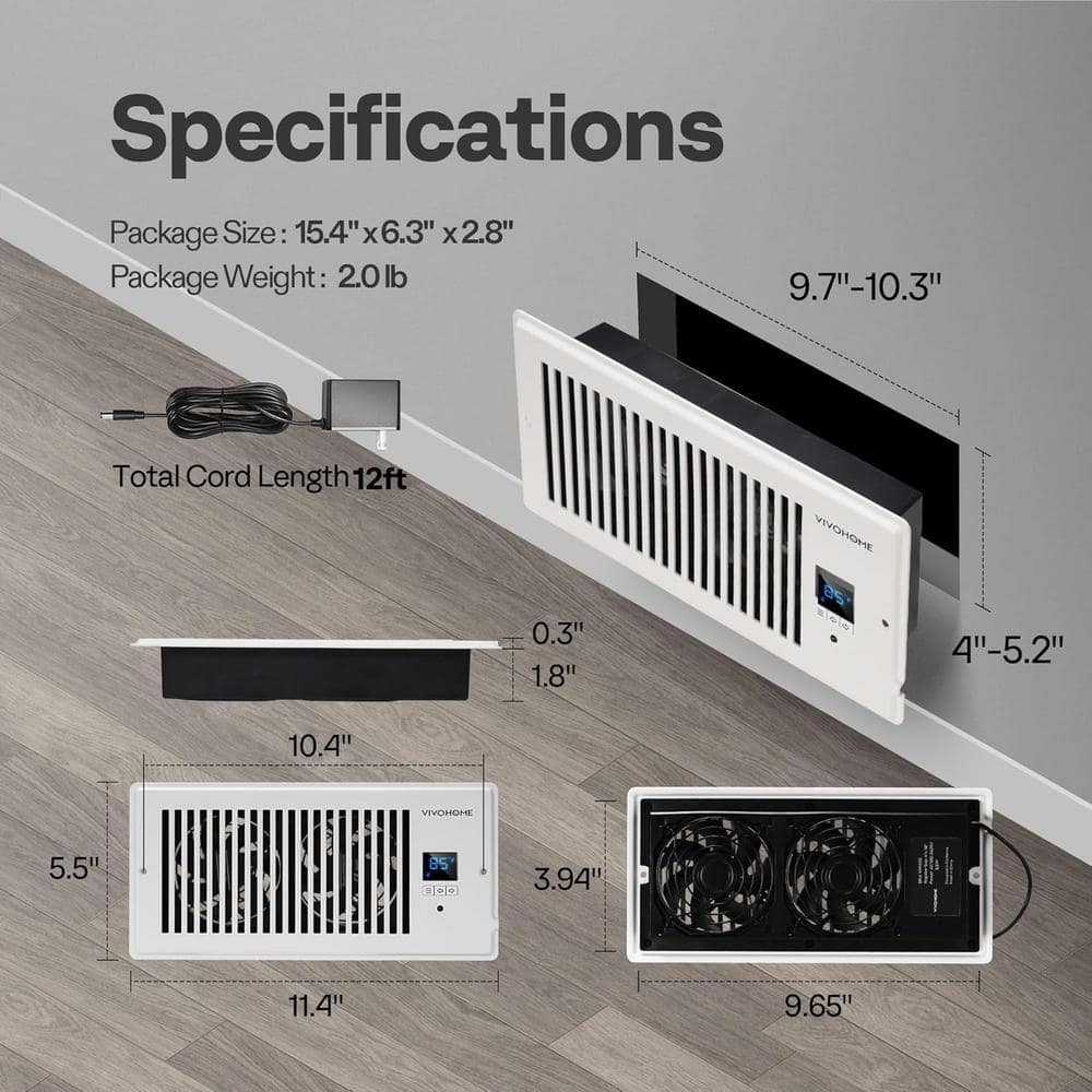 4 in. x 10 in. 120 CFM Wall Mounted Quiet Smart Register Booster Fan with Thermostat Control in White - Hercitys