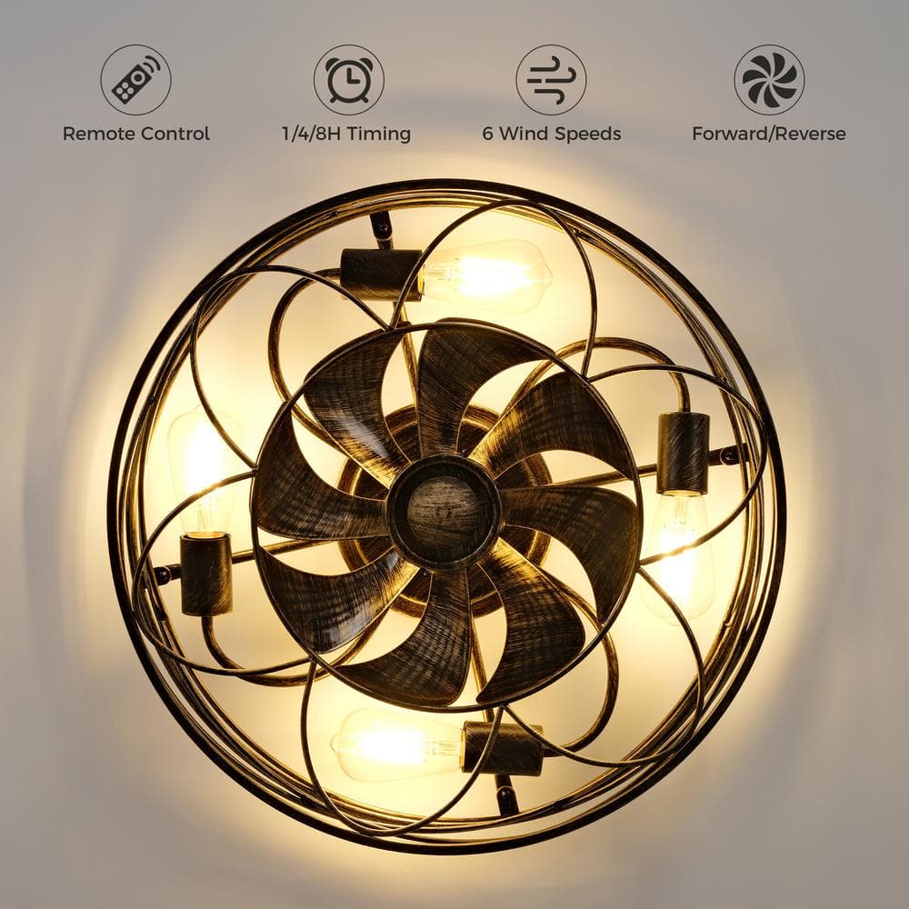 20 in. Indoor Black and Golden 100-240 V Low Profile Cage Ceiling Fan with Light - Hercitys