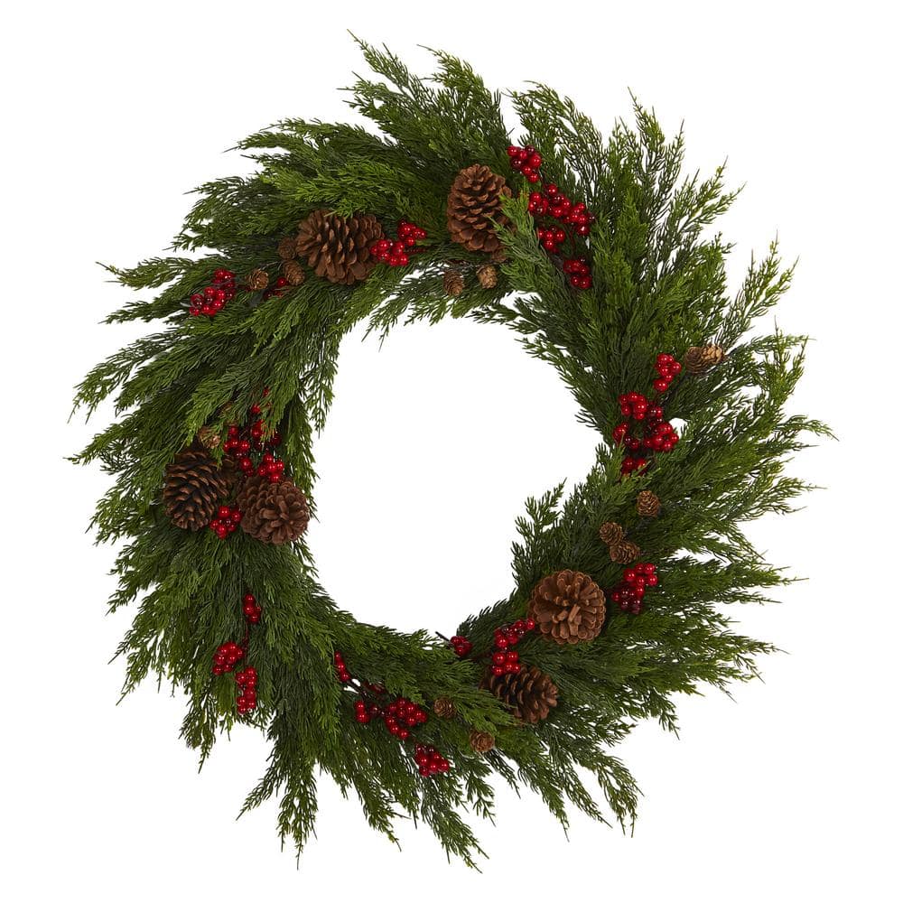 32 in. Cypress with Berries and Pine Cones Artificial Wreath - Hercitys