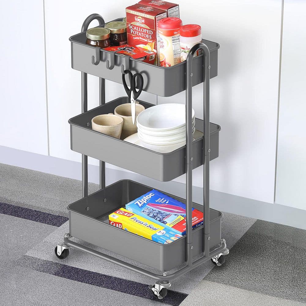 3-Tier Metal -Wheeled Utility Cart in Silver - Hercitys