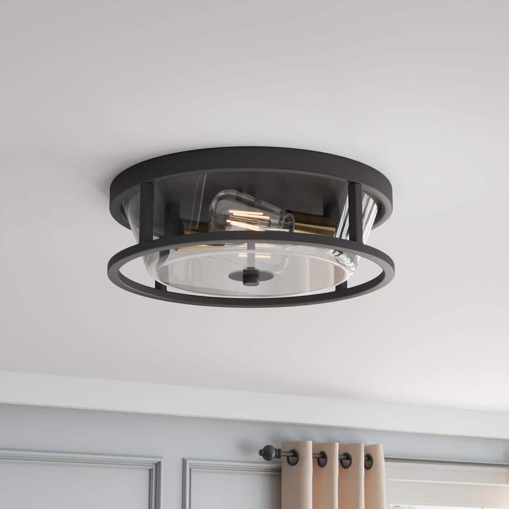 13 in. 2-Light Industrial Black Flush Mount Ceiling Light Fixture with Glass Shade - Hercitys