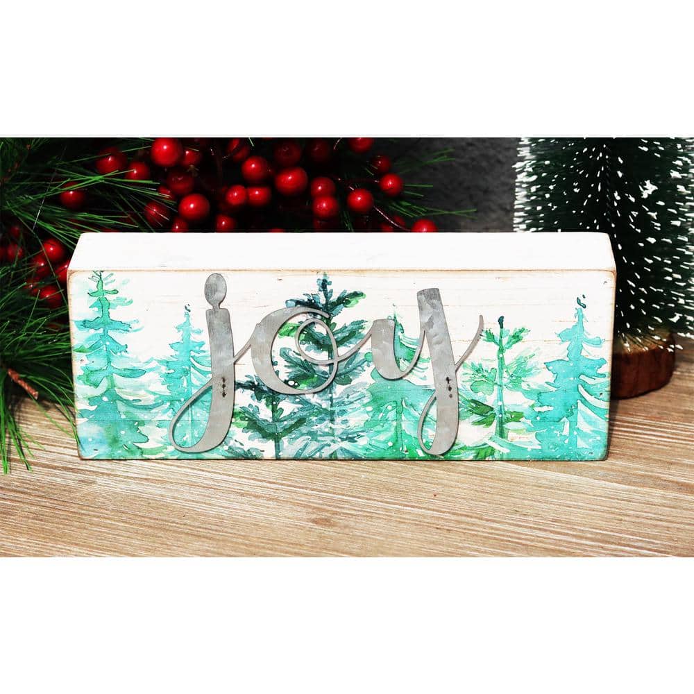 3.5 in. White Green Wood Christmas Tabletop Sign with Galvanized Metal Letters – Joy - Hercitys