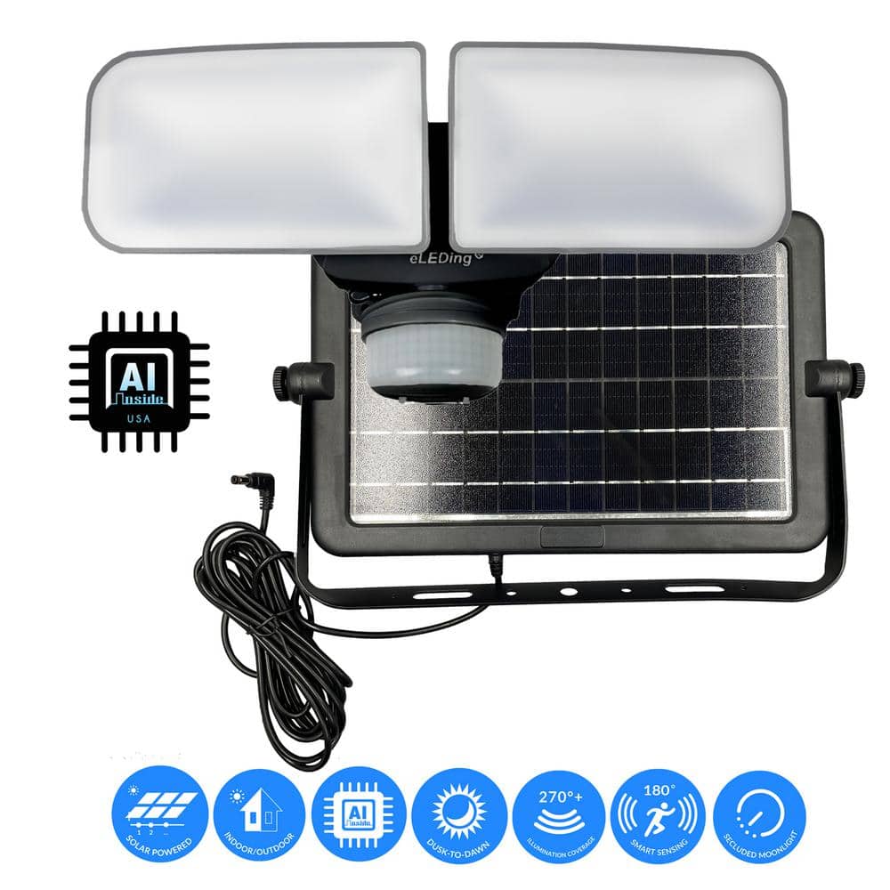 1200 Lumen 180 Degree Black Motion Dusk to Dawn Integrated LED AI Smart Area Flood Light w/Dual Side Solar Panel - Hercitys