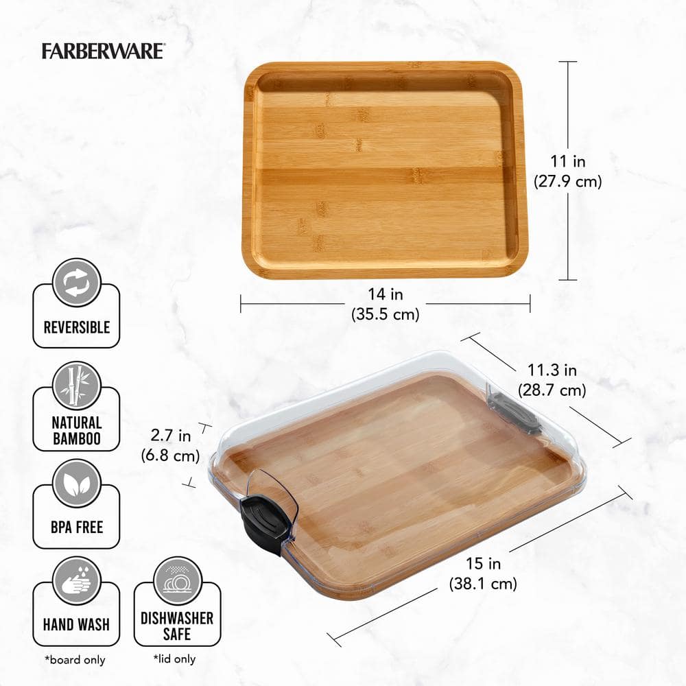 11in.Lx14inWx2.9in.H Build-A-Board Bamboo Cutting Board w/Clear Locking Lid and Black Handles, Single Compartment - Hercitys