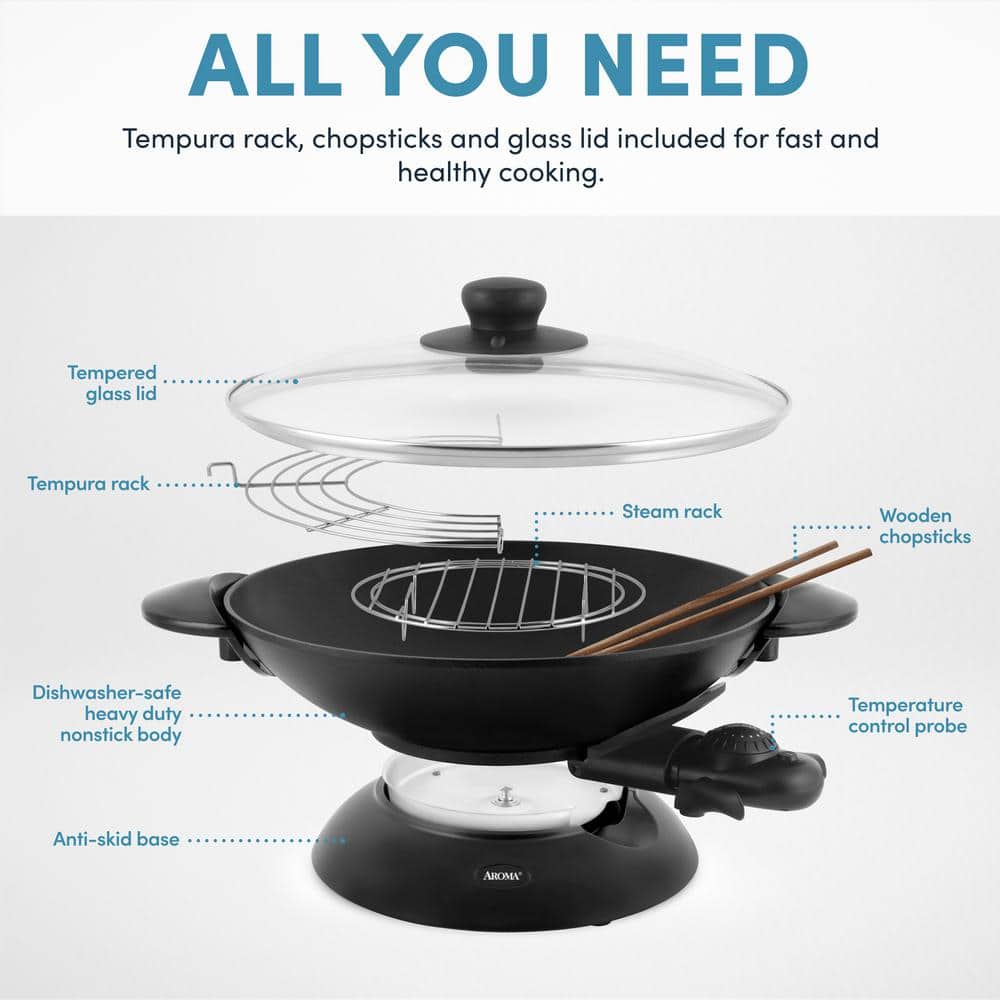 5 Qt. Black Cast Metal Non-Stick Electric Wok with Lid - Hercitys