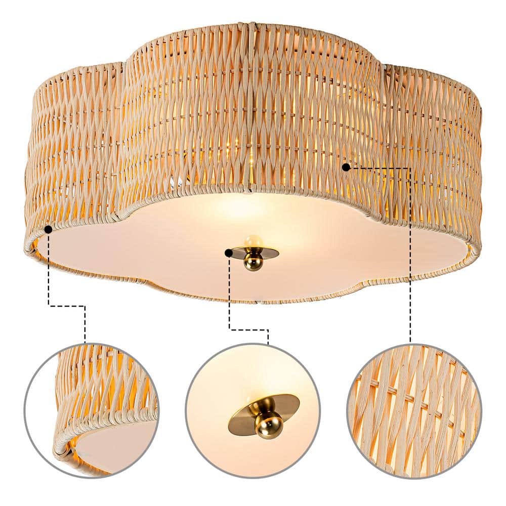 16.75 in. 2-Light Rattan Ceiling Flush Mount with Glass Bottom - Hercitys