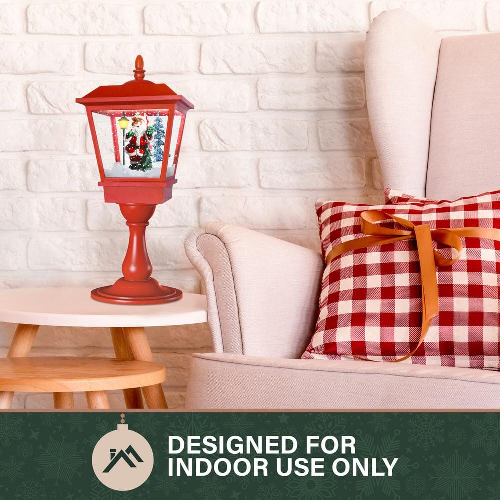 25 in. Musical Tabletop Lantern in Red Featuring Santa Scene and Snow Function - Hercitys